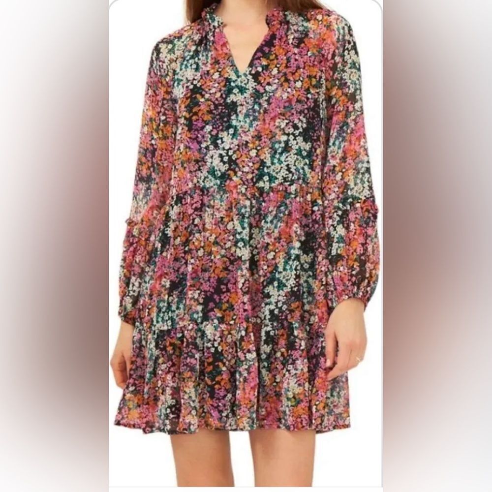 Vince Camuto black/multi color floral mini dress with sheer sleeves Sz Small